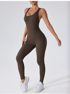 Tight yoga jumpsuit in dark brown featuring a U-neckline and backless detail
