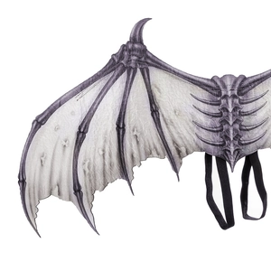 Detail of grey devil bone wings with black elastic straps for Halloween cosplay