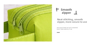 Detail of smooth double zipper and neat stitching on green canvas pencil case