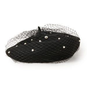 Elegant black beret hat with vintage mesh veil and white pearl embellishments