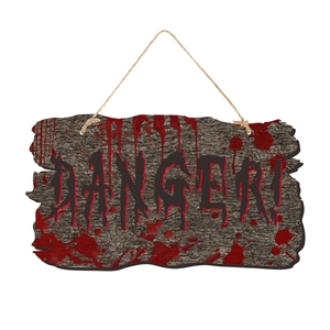Détail d'une plaque d'Halloween texture bois avec taches de sang et texte Danger