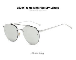 Detail view of silver metal aviator sunglasses with mirrored lenses at a side angle