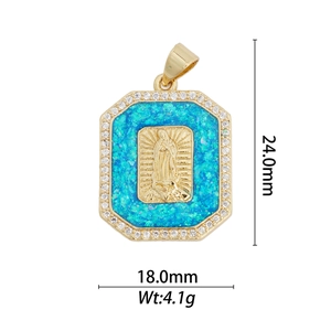 Detail view of 18k gold plated Virgin Mary pendant with blue opal and small crystals