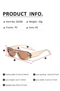 Detailed size chart for Y2K square sunglasses showing frame width and lens height in cm/inch