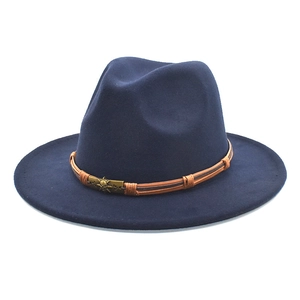 Classic navy wool fedora hat with a leather braided band and vintage skull charm detail