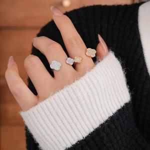 Vintage zircon flower open ring with luxury clover design and adjustable gold silver band