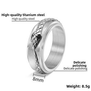 Detail showing 8mm width and 8.5g weight of rotating stainless steel snake ring