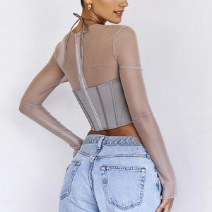 Women's sexy grey sheer mesh patchwork top with corset style back and lace-up detail
