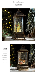 Close-up of vintage bronze Christmas lanterns with snow globe scenes and warm LED lighting