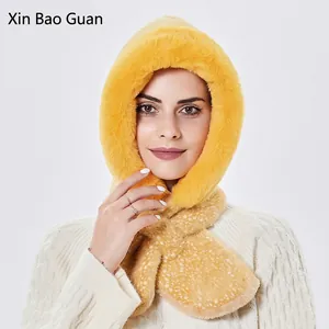 Bright yellow winter plush hooded scarf with wide brim and soft dotted texture