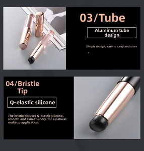 Dettaglio del tubo in alluminio oro rosa e testina in silicone morbido per trucco labbra