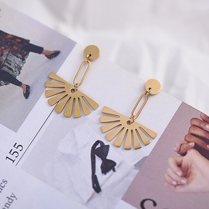 Detailed macro view of 18K gold plated stainless steel fan-shaped openwork drop earrings