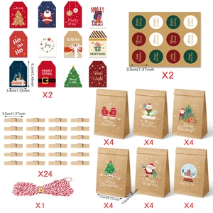 24-set Christmas kraft gift bag kit with tags, clips, stickers and cotton rope detail