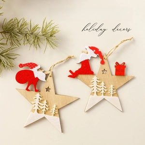 Wooden star ornaments with Santa Claus silhouette and XMAS lettering for tree decoration