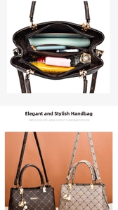 Macro view of multi-compartment interior and luxury diamond pattern textured tote bags