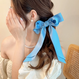 Detail showing a large blue satin bow hair clip with ribbons on a model back view