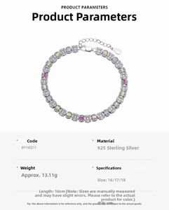 Detail showing 925 sterling silver tennis bracelet with multicolored zircons and specs