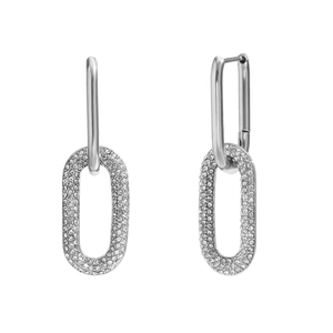 Silver linked chain earrings with sparkling white zircon pave on high-quality steel