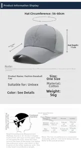 Size chart for breathable cotton baseball cap with mesh back and adjustable strap