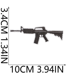 Detailed dimensions of rifle shape embroidered patch showing 10cm length and 3.4cm width