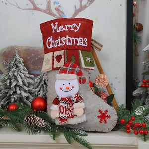 Detailed plush 3D snowman Christmas stocking with Merry Christmas print and rustic textures