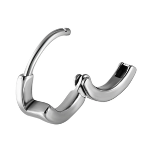 Polished silver stainless steel hoop earring with secure snap closure on white background