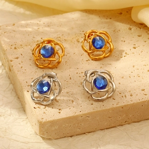 Stainless Steel Camellia Flower Stud Earrings With Blue Crystal Rhinestone 18K Gold Plated Vintage Luxury Jewelry For Women