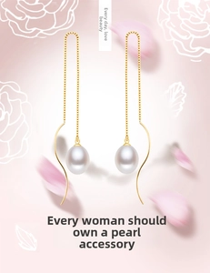 Detail of elegant S925 silver long pearl drop earrings with golden chain and S-hook