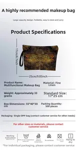 Linen dragonfly makeup bag with detailed dimensions and wash care instructions overview