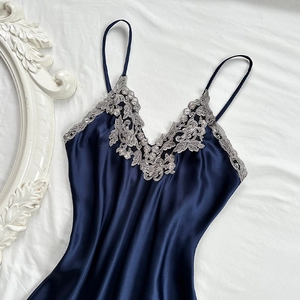 Elegant navy blue silk satin nightgown with silver floral lace neckline and thin straps