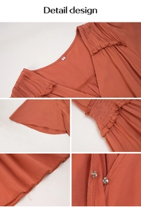 Detail design showing V-neck with ruffles, waist pleats and hidden buckle on orange dress
