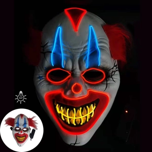 LED Glowing Horror Clown Mask With Red Long Hair PVC Scary Halloween Cosplay Party Prop Festive Costume Accessory