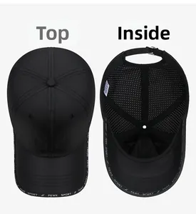 Detail of breathable mesh fabric and inner lining on a black quick-dry sport baseball cap