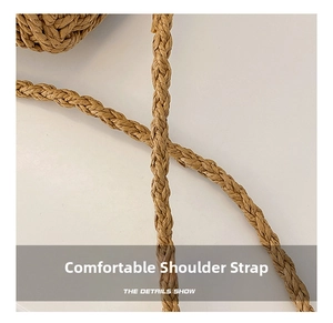 Close-up of natural straw woven shoulder strap texture and detailed craftsmanship