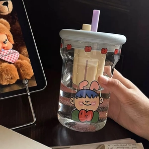 High Borosilicate Glass Straw Cup Heat Resistant With Tea Filter Cartoon Portable Drinkware For Office Coffee Fruit Tea