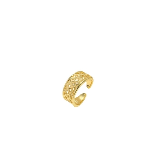 Adjustable golden open ring featuring a unique woven croissant texture on a white background