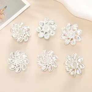 Set of 6 silver crystal flower charms with hollow petals for DIY jewelry making