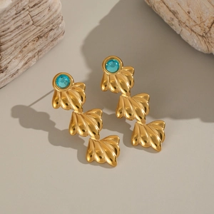 Boucles d'oreilles coquillage en acier inoxydable plaqué or 18 carats et zircon bleu