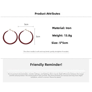 Detail view showing red round hoop earrings with 5x5cm size and 13.8g weight specifications