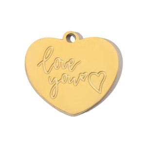 Detail of gold heart pendant with love you engraving and polished stainless steel finish