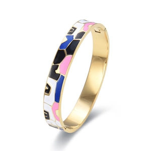 Modern gold-plated stainless steel enamel bangle featuring colorful geometric patterns