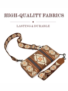 Detail of brown tribal canvas clutch with adjustable crossbody strap and wristlet