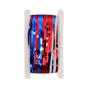 Red and blue metallic foil fringe curtain on white spool for Independence Day party decor