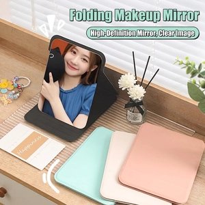 Portable Makeup Mirror Folding High Definition Desktop Vanity Tool With PU Leather Stand For Travel Students Dormitory