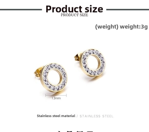 Detail view of 13mm gold stainless steel hoop earrings with crystal pavé and measurements