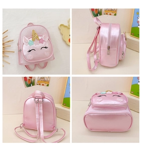 Detailed views of a pink unicorn kids backpack featuring glitter horn and embroidery details
