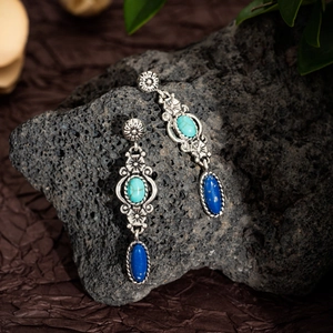 Bohemian vintage geometric lapis lazuli drop earrings with silver relief on volcanic stone