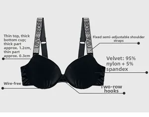 Detail of black velvet wireless bra with rhinestone LOVE SECRET straps and padded cups