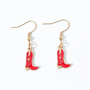 Fashionable red cowboy boot earrings with golden hooks and detailed oil drop craft
