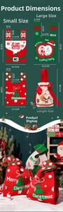 Detailed size chart for Christmas knitted apple gift bags with Santas and tree motifs